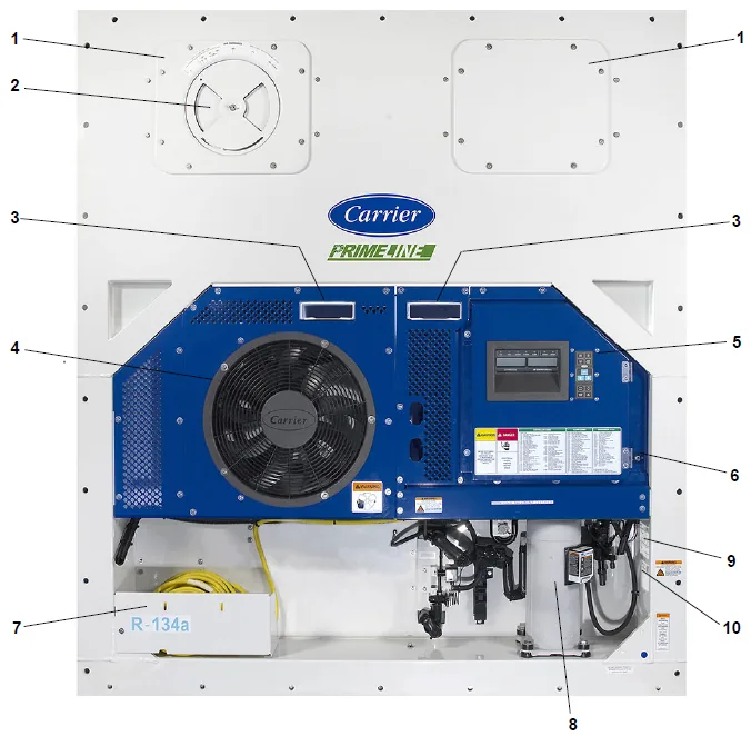 Carrier PrimeLINE refrigerated container unit with service panel callouts