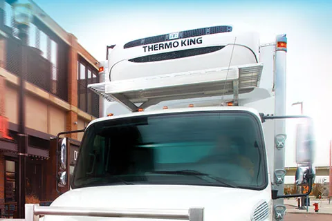 Box truck with a Thermo King nose-mounted refrigeration unit